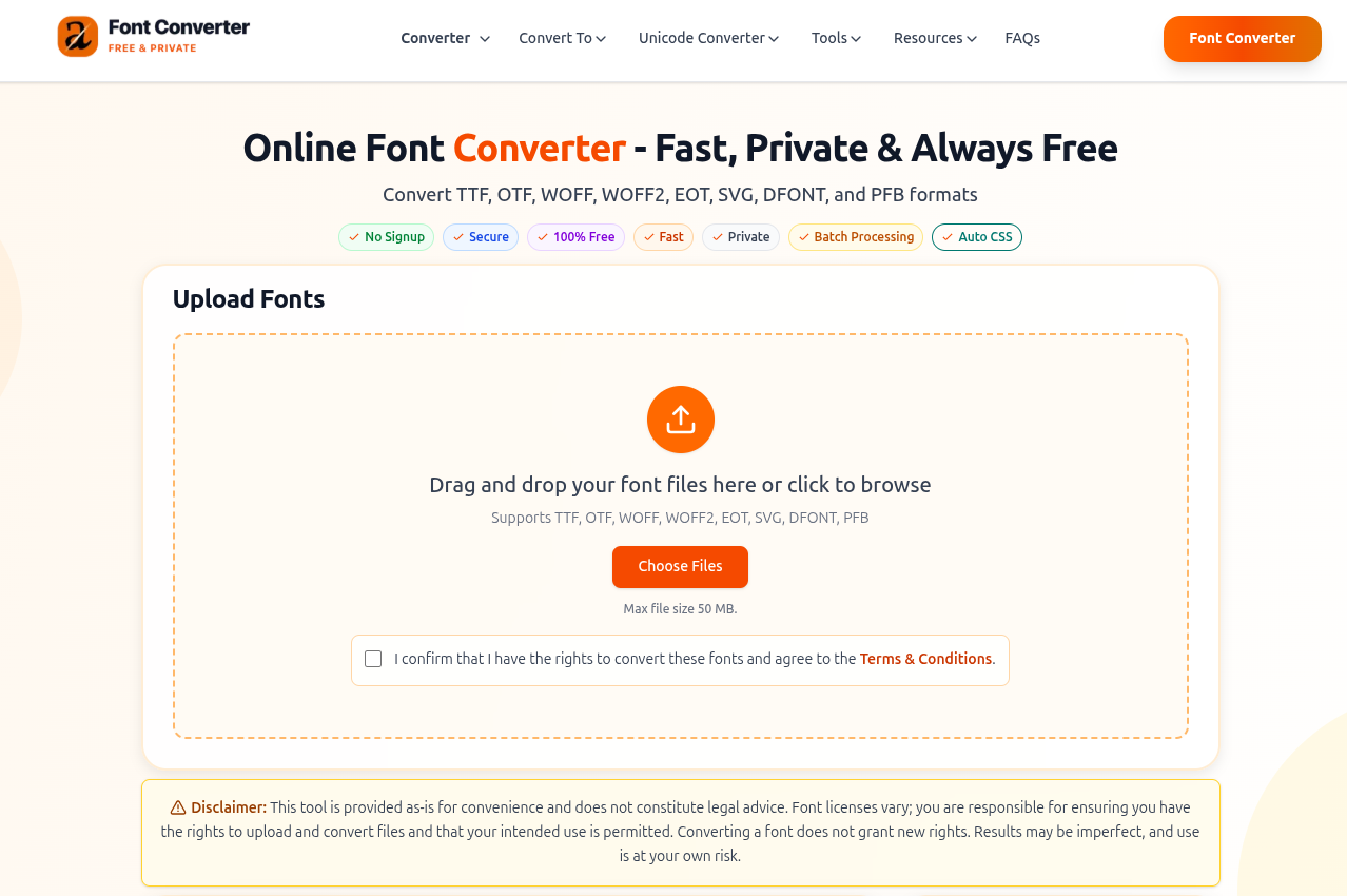 Font-Converters.com free online font converter for TTF, OTF, WOFF2 and 5 more formats